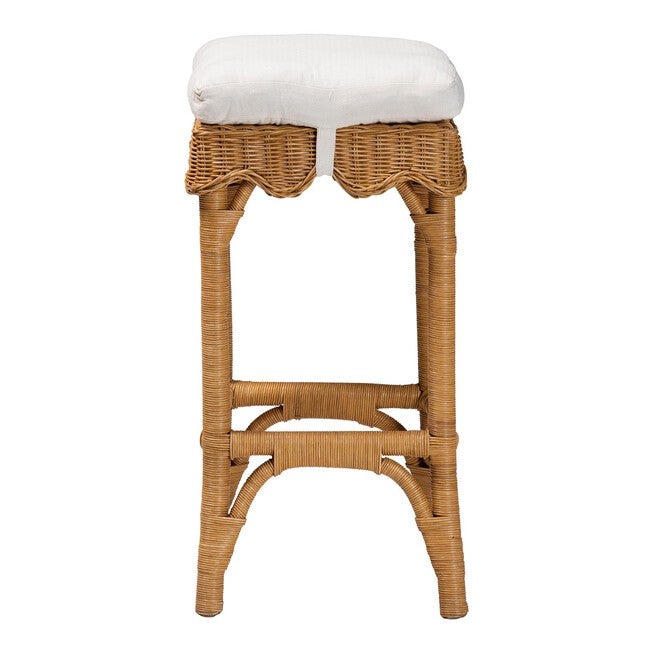 Honey rattan bar stool front view with white upholstered cushion