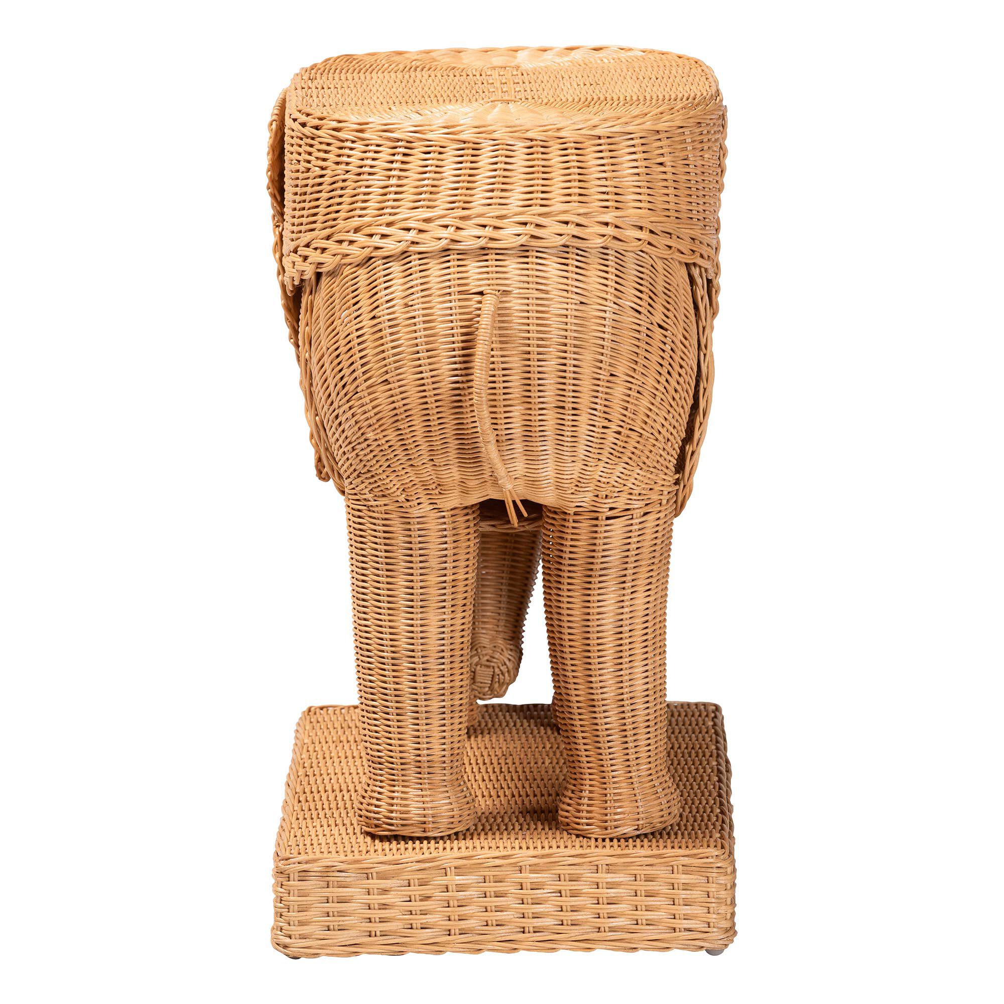 Back view of elephant end table rattan weave