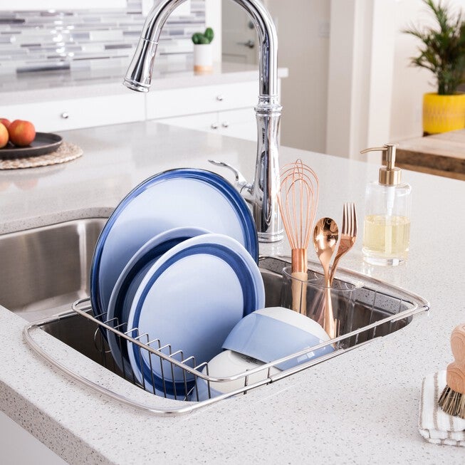 Adjustable Over-Sink Dish Drainer with Cutlery Holder, STAINLESS STEEL, hi-res image number null