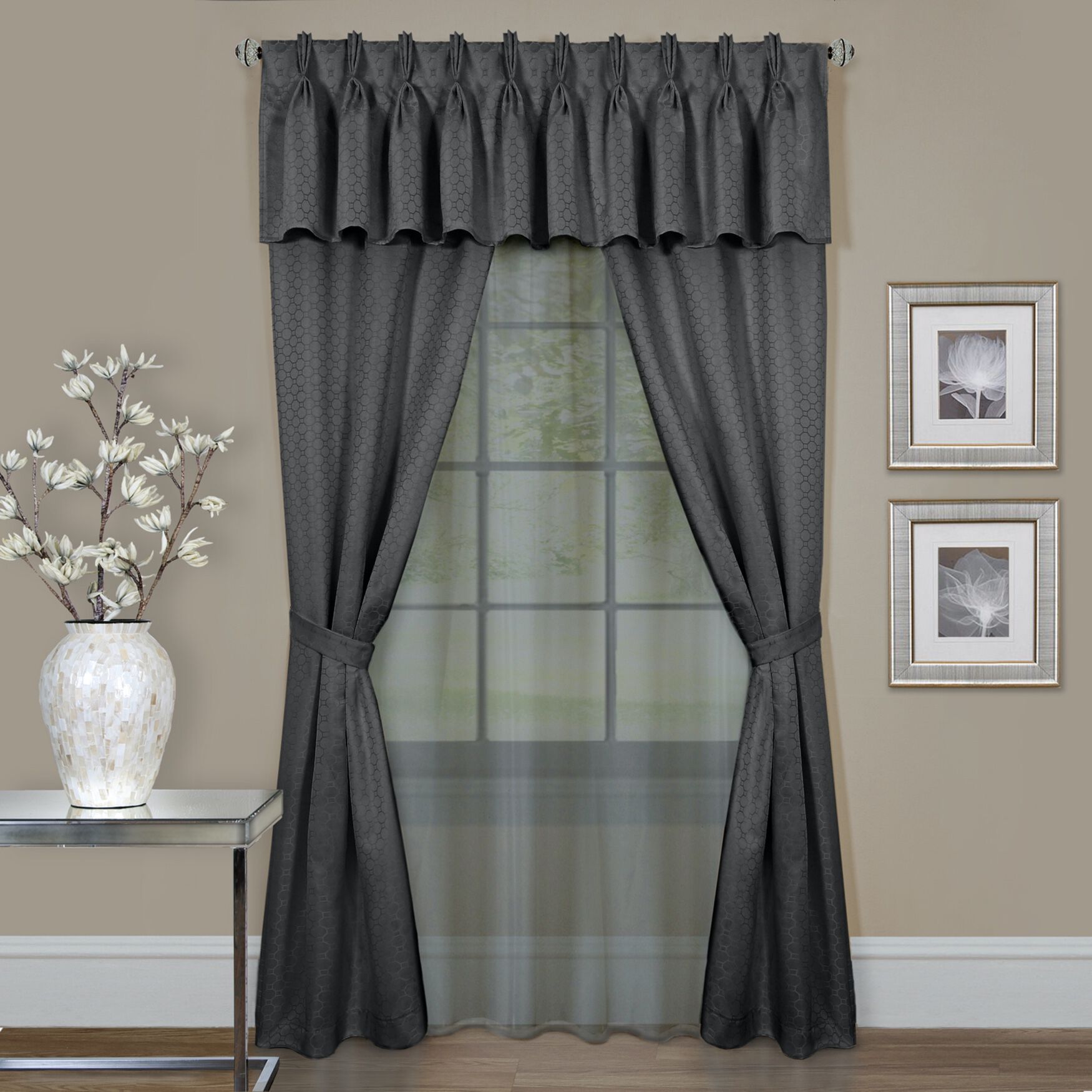 Claire 6 Pc Window Curtain Set, CHARCOAL, hi-res image number 0