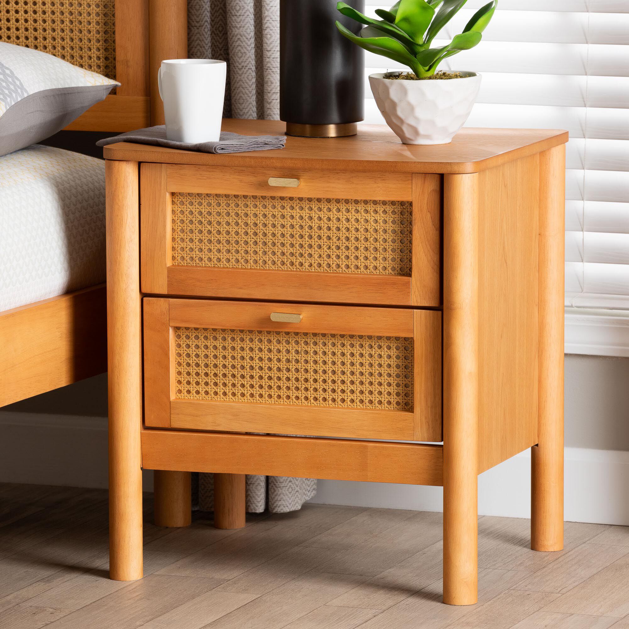 Jenn Golden Brown Wood Japandi 2-Drawer Nightstand with Distressed-Finished Rattan, BROWN, hi-res image number 0