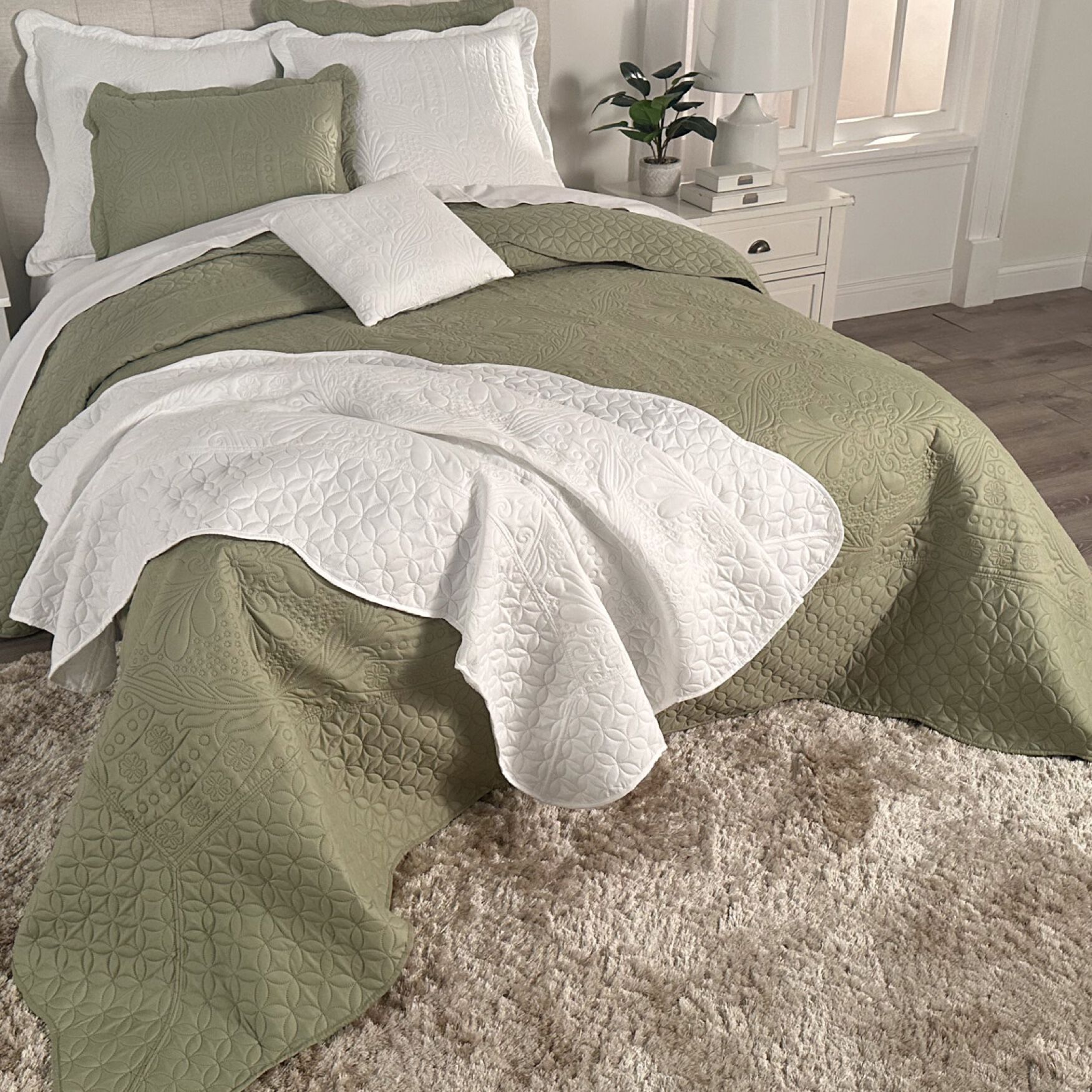Lily Damask Bedspread, SAGE, on-hover image number 1
