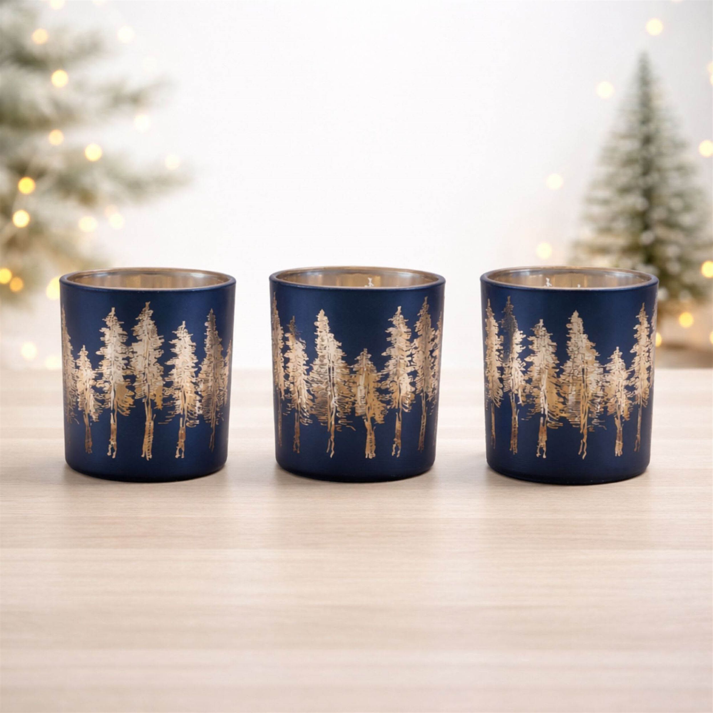 Pine Tree Print Votive Holder (Set of 3), BLUE GOLD, alternate image number 1