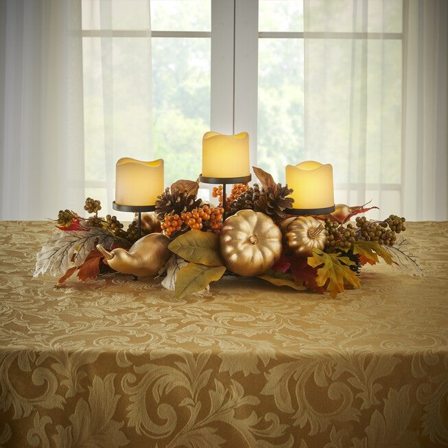 24 inches Gold Pumpkin Harvest Centerpiece with 3 LED Candles, GOLD, hi-res image number 0