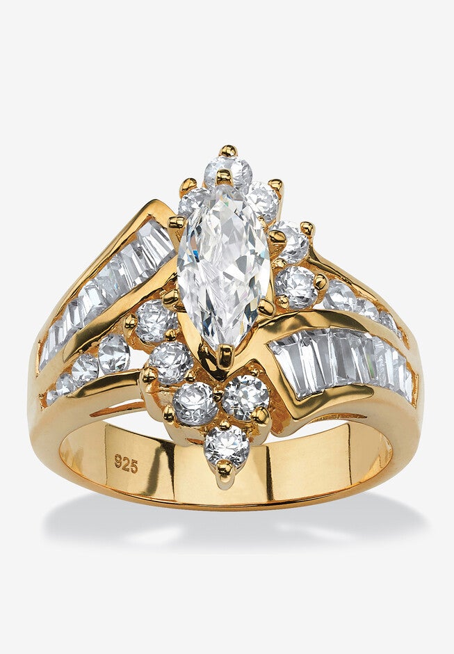 Gold over Sterling Silver Marquise Engagement Ring Cubic Zirconia, GOLD, hi-res image number 0