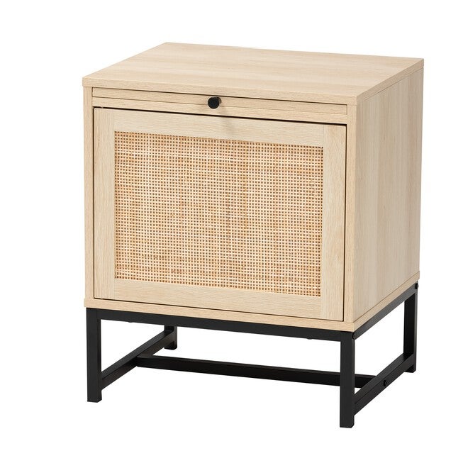 Caterina Mid-Century Modern Transitional Natural Brown Finished Wood And Natural Rattan 1-Door Nightstand With Pull-Out Shelf, NATURAL BROWN BLACK, hi-res image number 0
