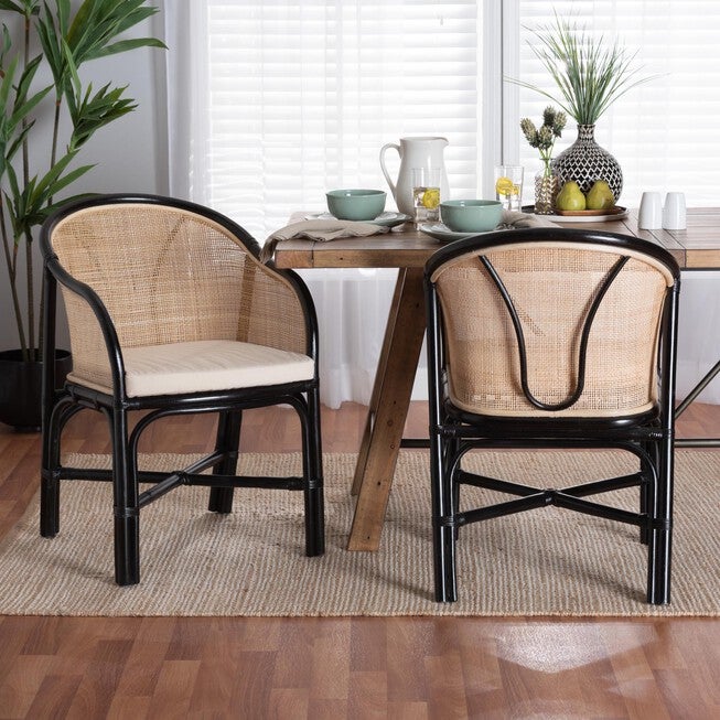 Miranda Modern Bohemian Two-Tone Black And Natural Brown Rattan 2-Piece Dining Chair Set, , alternate image number 5