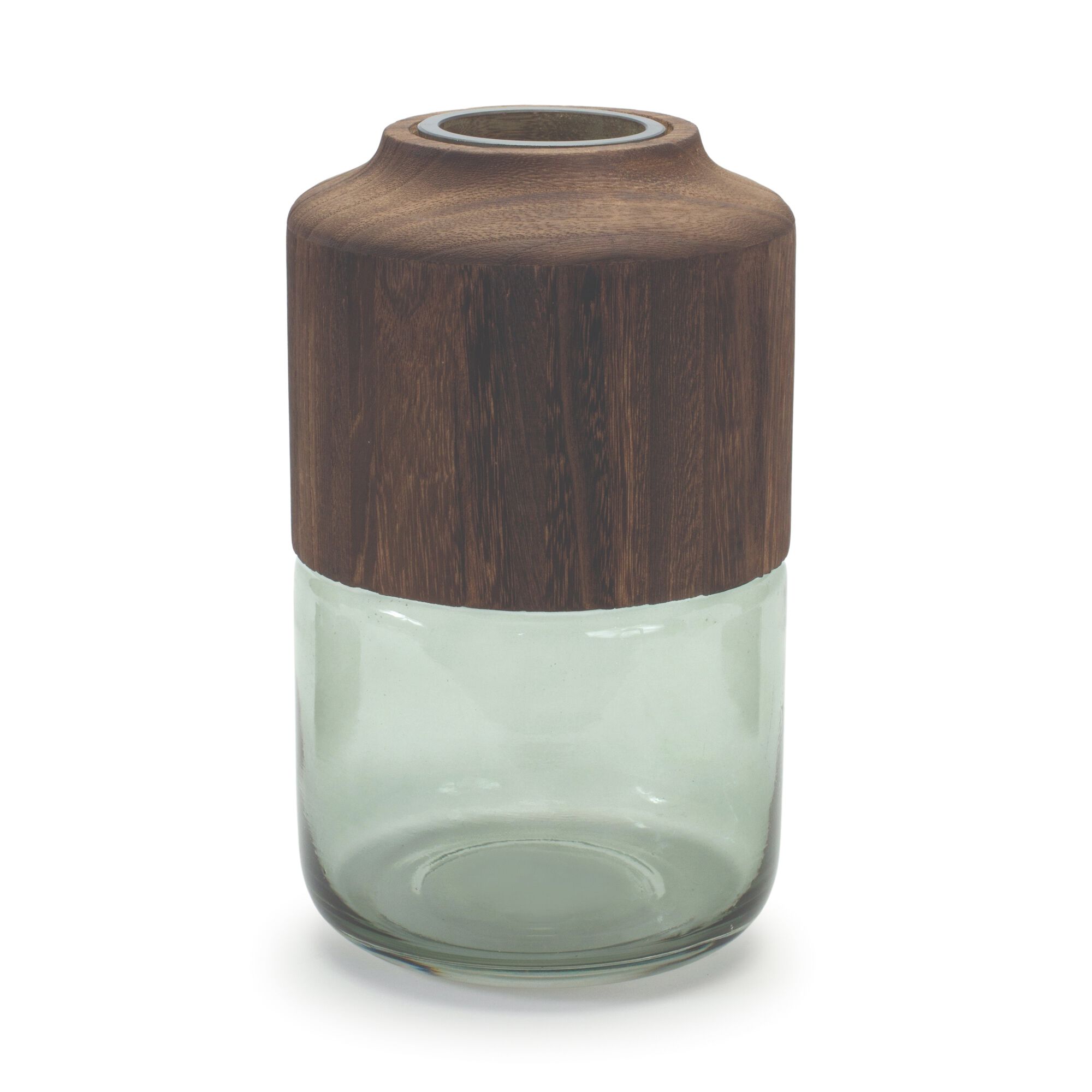 Sage Glass Vase with Wood Accent 11 inchesH, GREEN/BROWN, hi-res image number 0