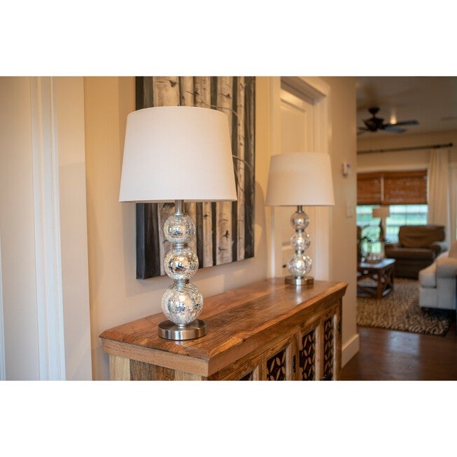 1 Set Mirrored Crackle Mercury Tri-Tiered Glass Table Lamp White Linen Hardback Shade , , on-hover image number null