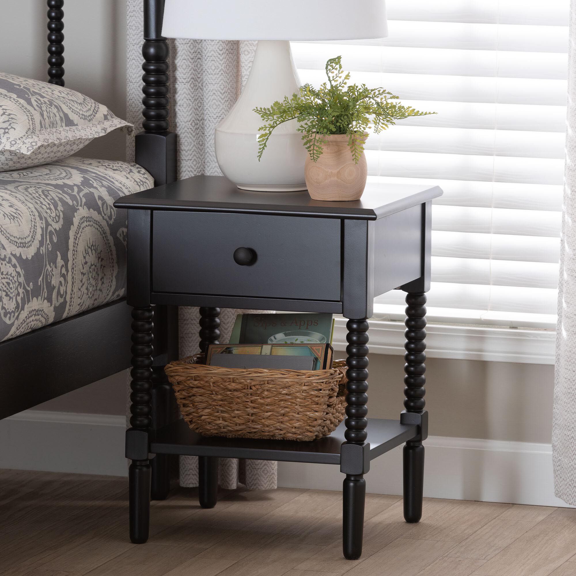 Braith Farmhouse Ivory Spindle Wood 1-Drawer Nightstand, BLACK, hi-res image number 0