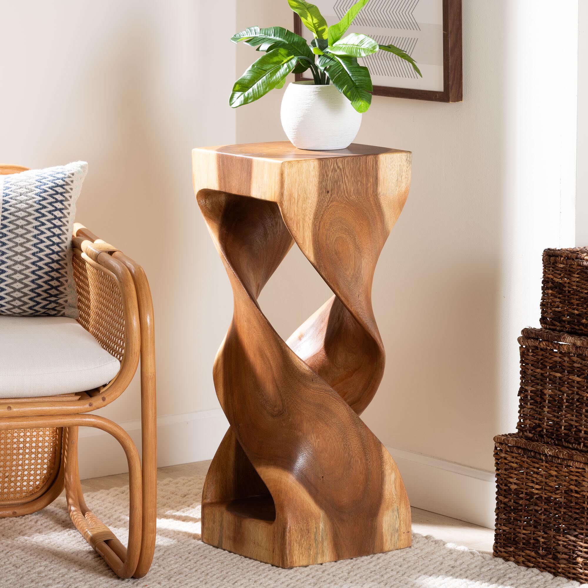 Rapha Suar Wood Accent Table - Hand-Carved Sculptural Pedestal Stand with Twist Design, BROWN, alternate image number 6