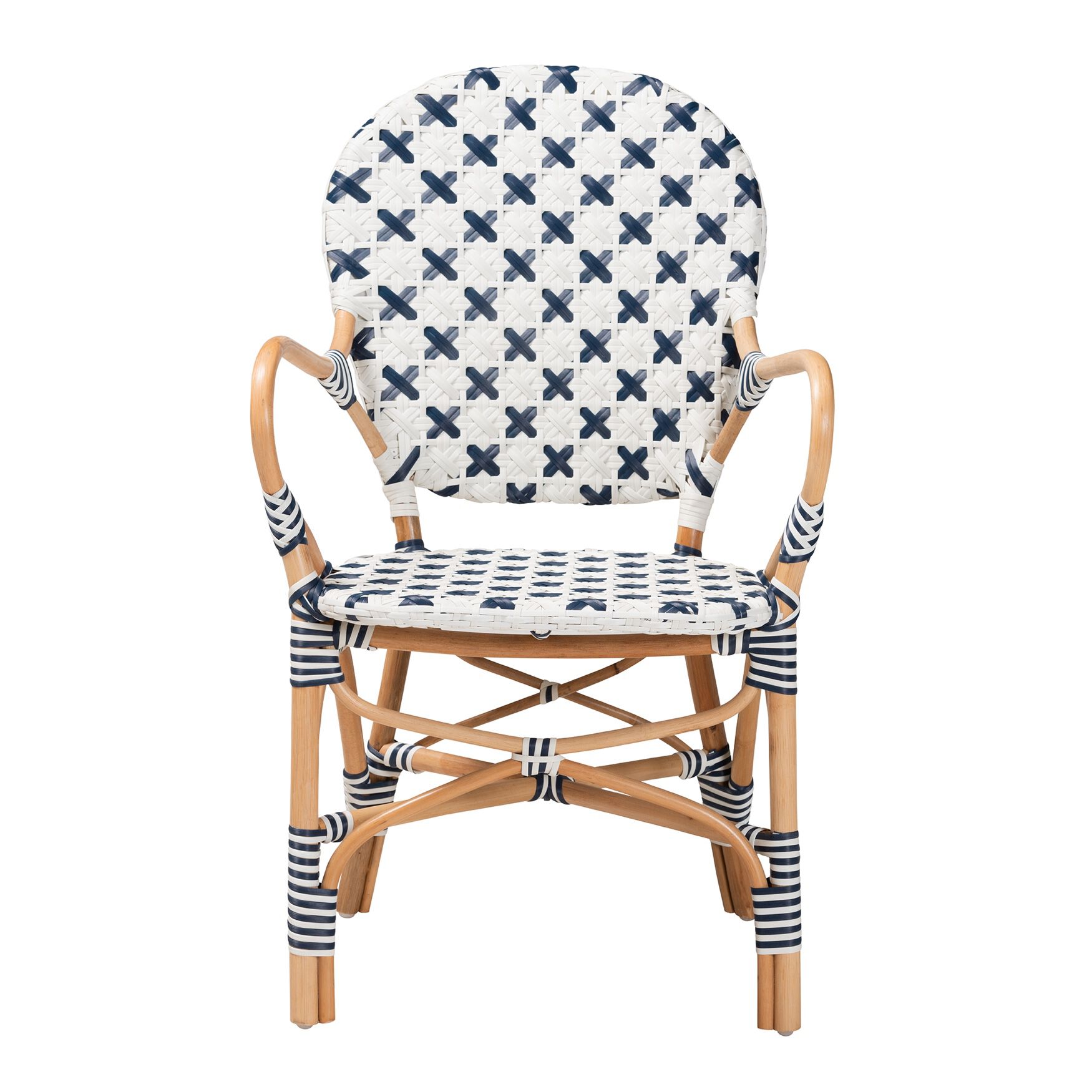 Bryson Modern French Blue And White Weaving And Natural Rattan Bistro Chair, , on-hover image number 1