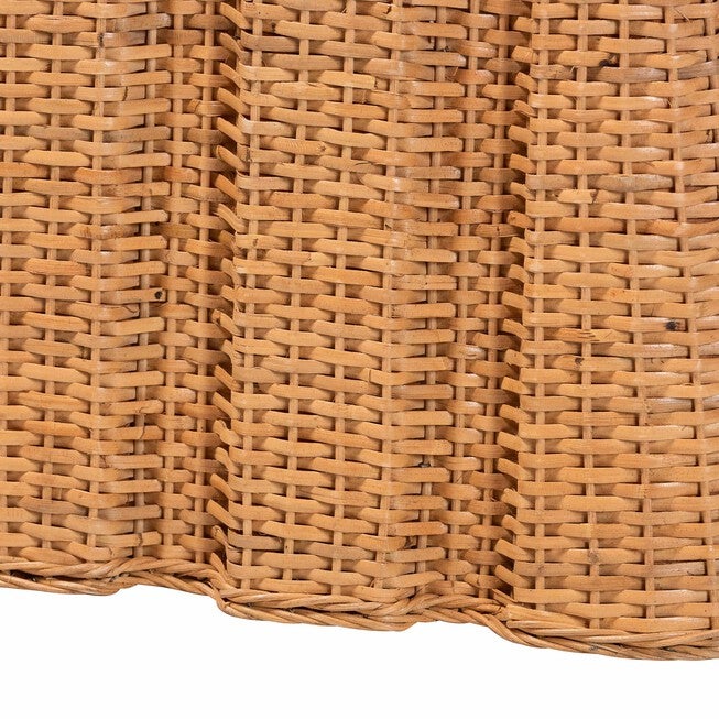 Close-up of vertical basket-weave rattan panels on end table