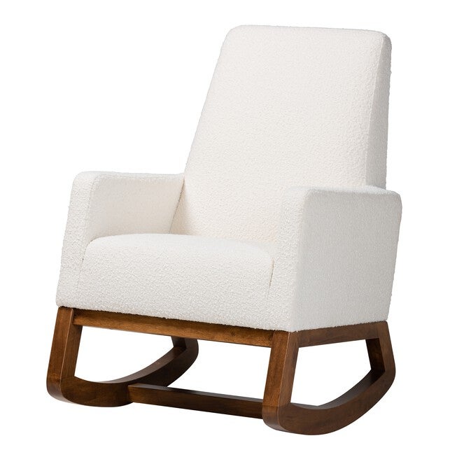 Yashiya Mid-Century Modern Off-White Boucle Upholstered And Walnut Brown Finished Wood Rocking Chair, OFF WHITE WALNUT BROWN, hi-res image number 0