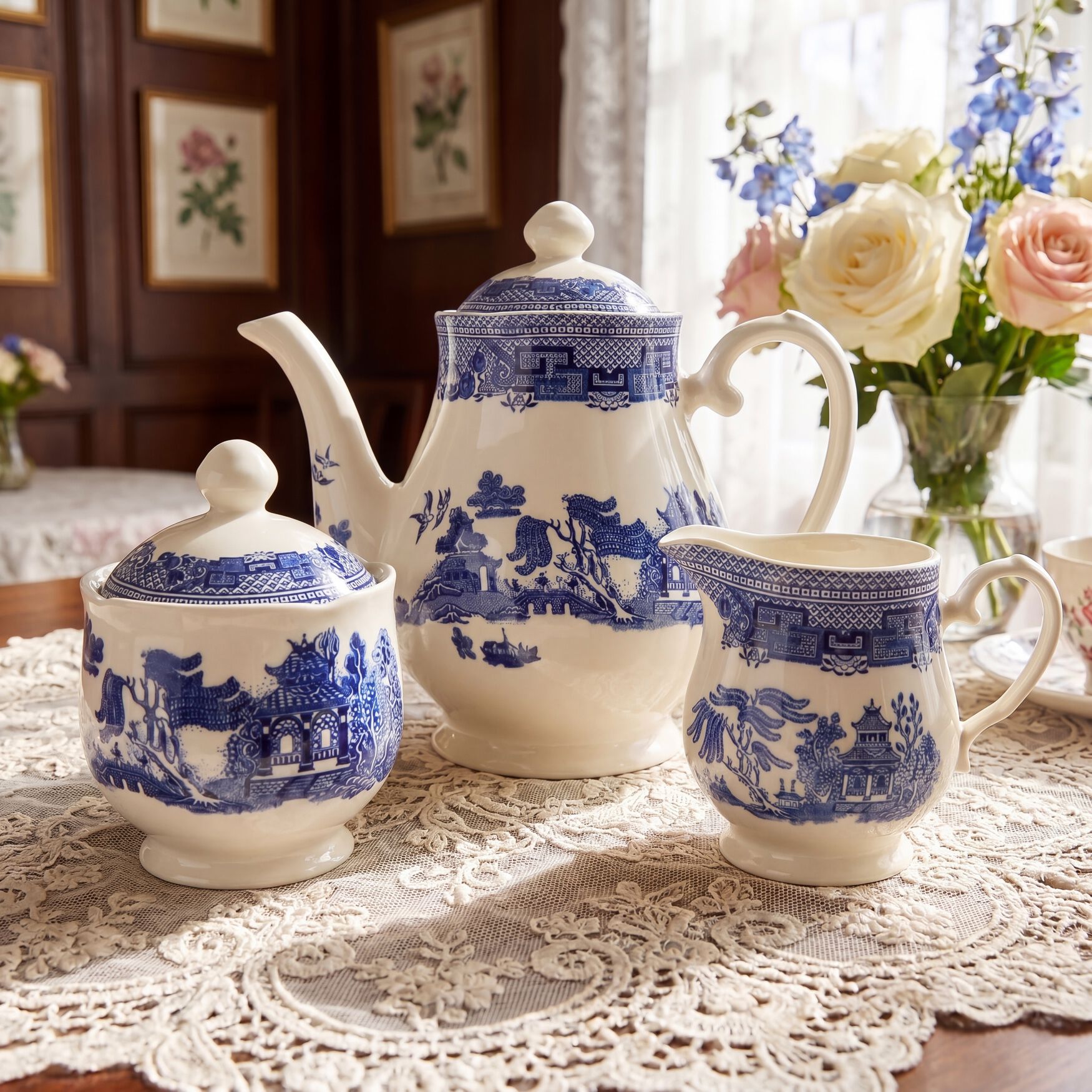 Blue Willow 3-Pc. Teapot Sugar and Creamer Set, , on-hover image number 1