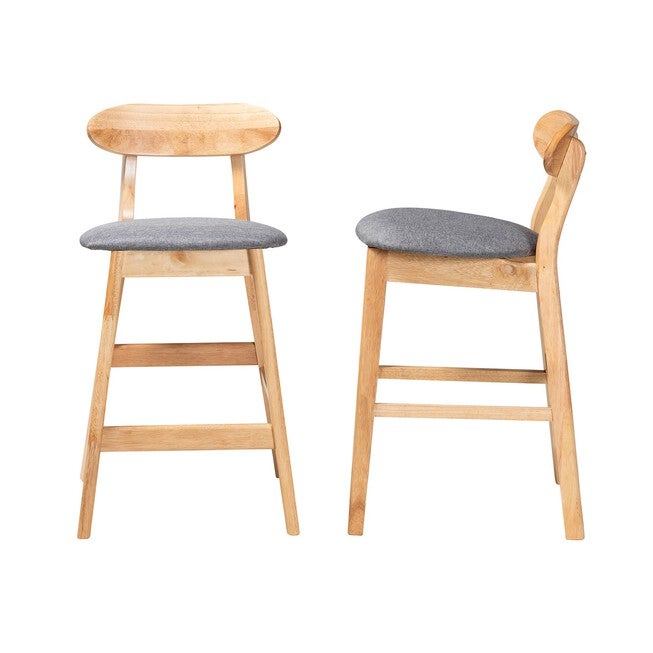 Ulyana Mid-Century Modern Grey Fabric And Natural Brown Finished Wood 2-Piece Counter Stool Set, , alternate image number 2