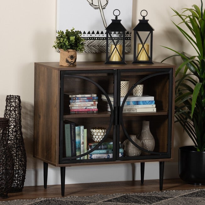 Carter Mid-Century Modern Industrial Walnut Brown Finished Wood And Black Metal 2-Door Sideboard, , alternate image number null