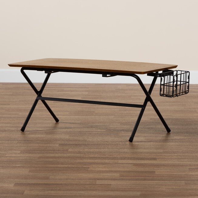Low profile coffee table with wood top and black wire storage basket