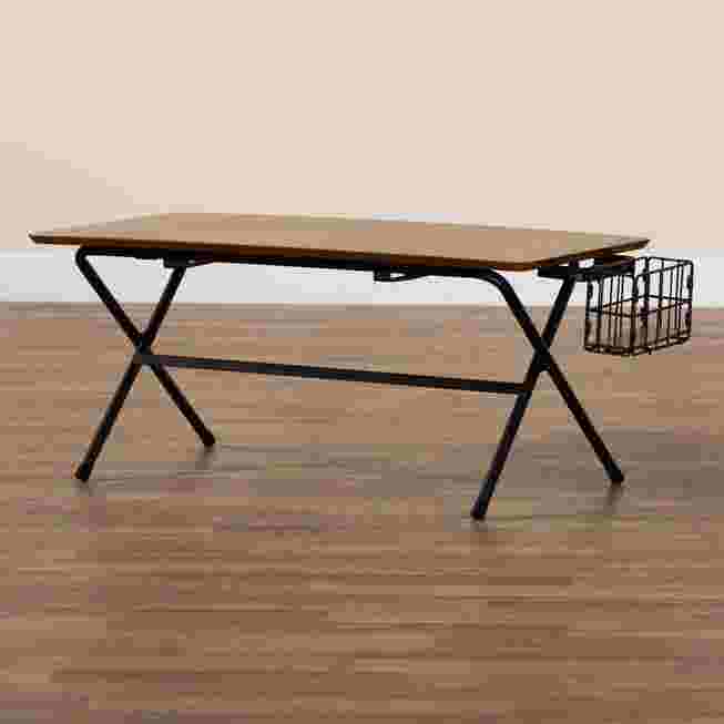 Mariela coffee table side view with black wire basket attached