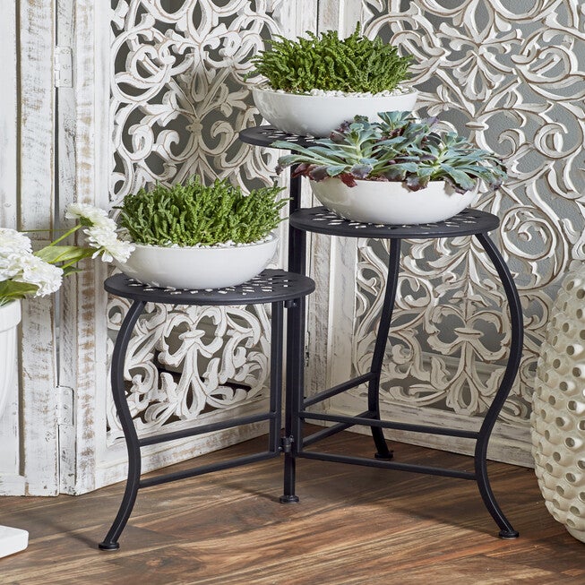 3-Tier Black Metal Traditional Plant Stand, BLACK, hi-res image number 0