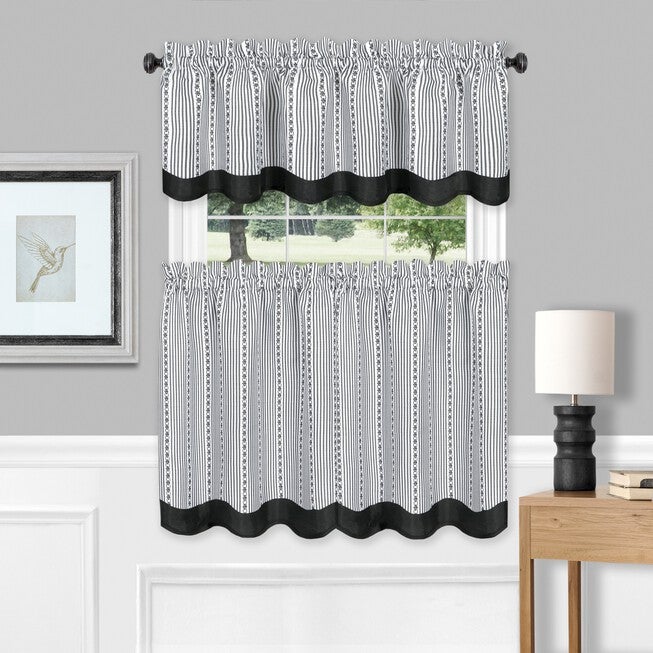 Westport Window Curtain Tier Pair and Valance Set, BLACK WHITE, hi-res image number 0