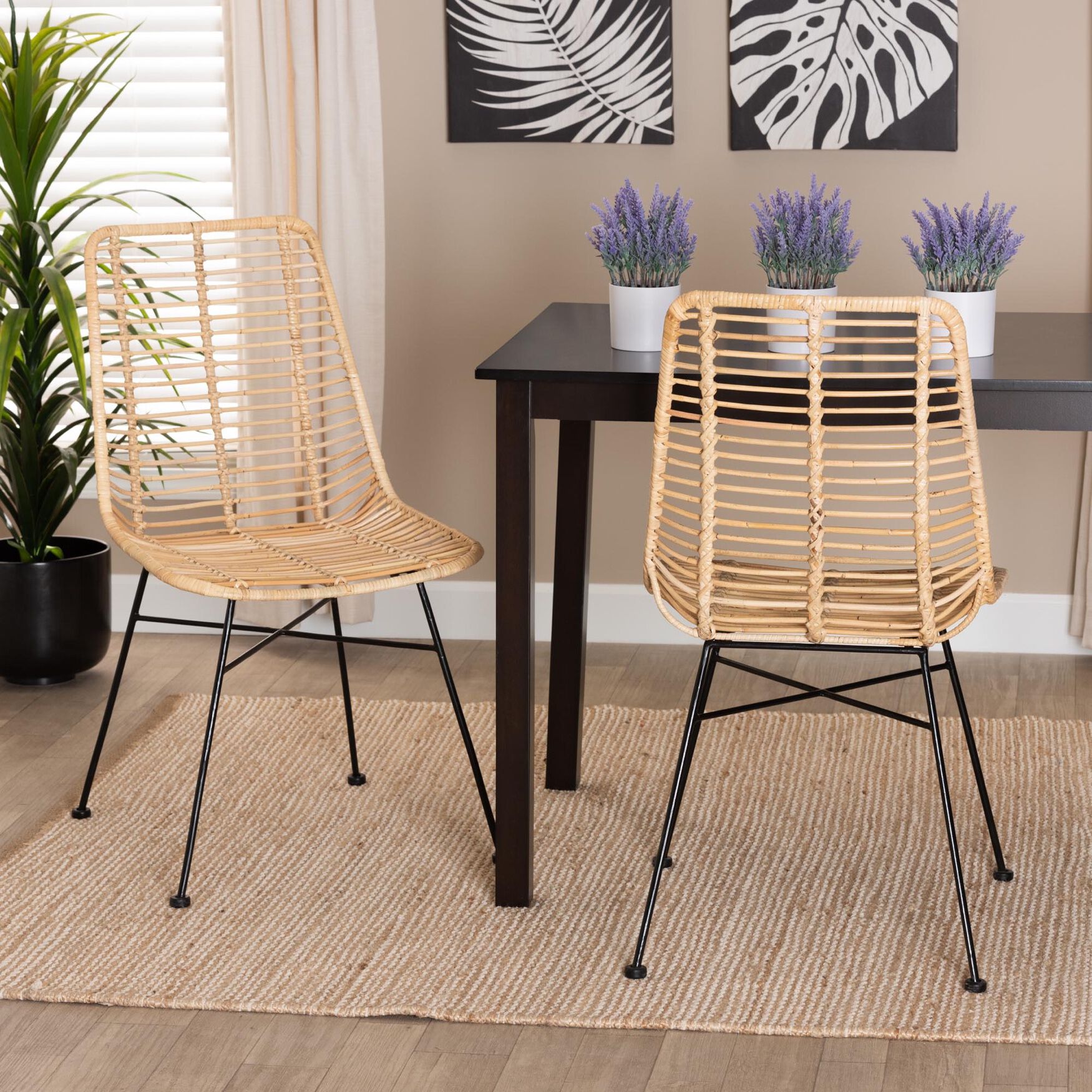 Manhattan Modern Bohemian Natural Brown Rattan And Black Metal Dining Chair, , alternate image number 6