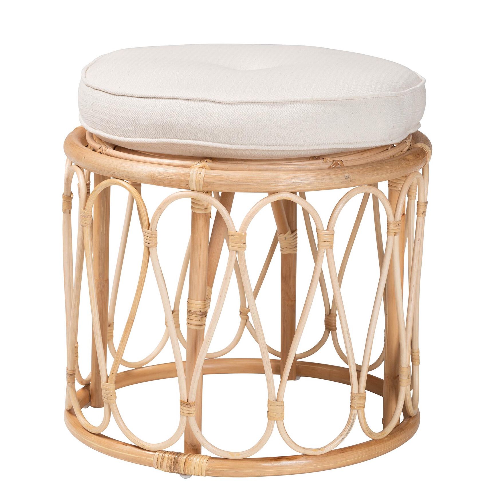 Hachiro Bohemian Natural Rattan Ottoman Footstool, NATURAL WHITE, hi-res image number 0