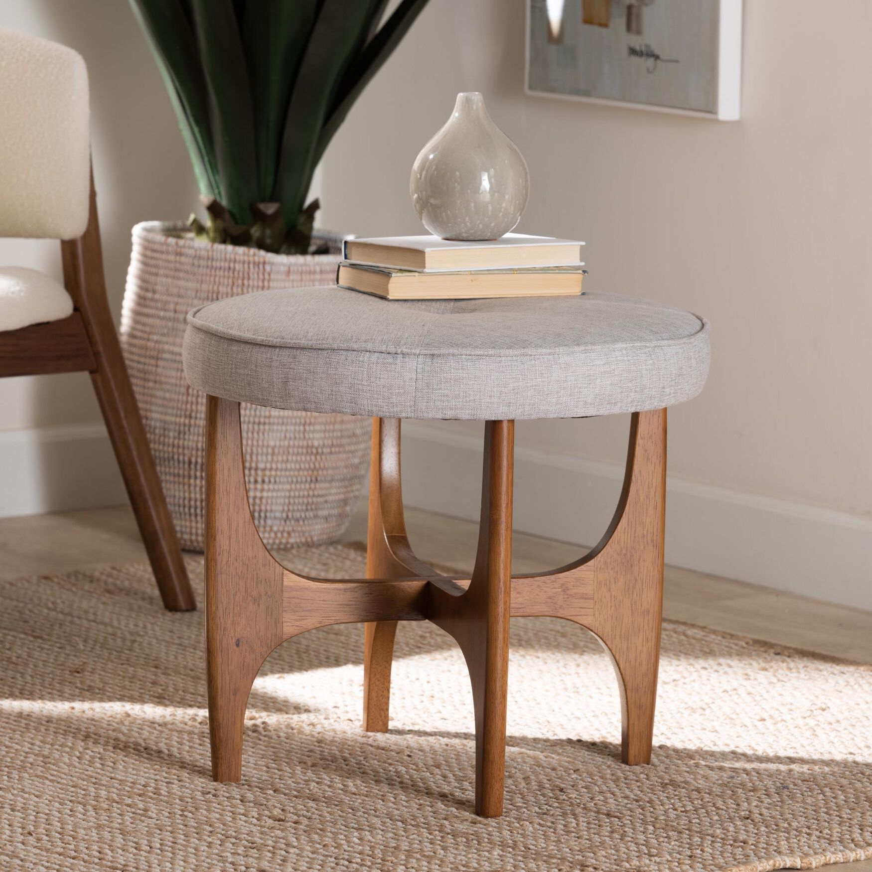 Theo Japandi Dark Grey Fabric And Walnut Brown Finished Wood Ottoman Footstool, , alternate image number 4