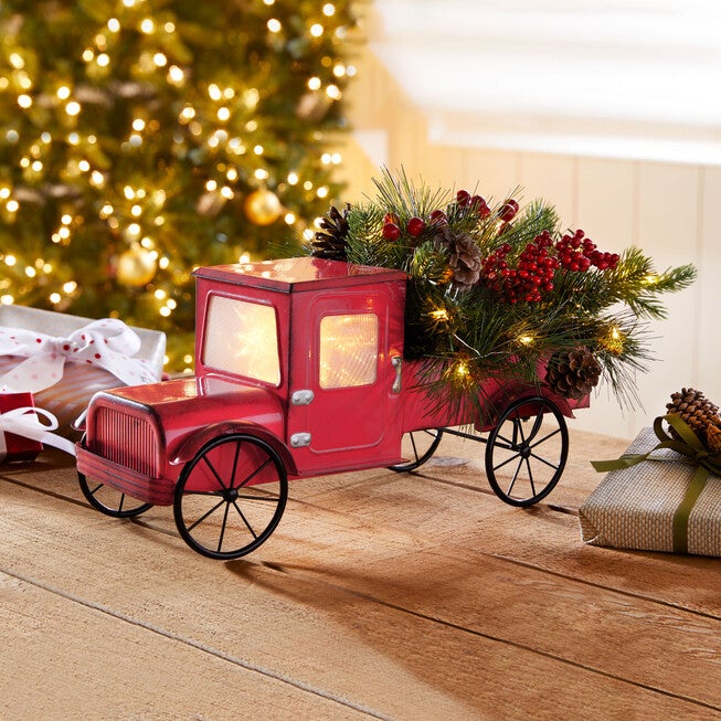 17 inchesL Pre-Lit Red Truck with Greenery, RED GREEN, hi-res image number null