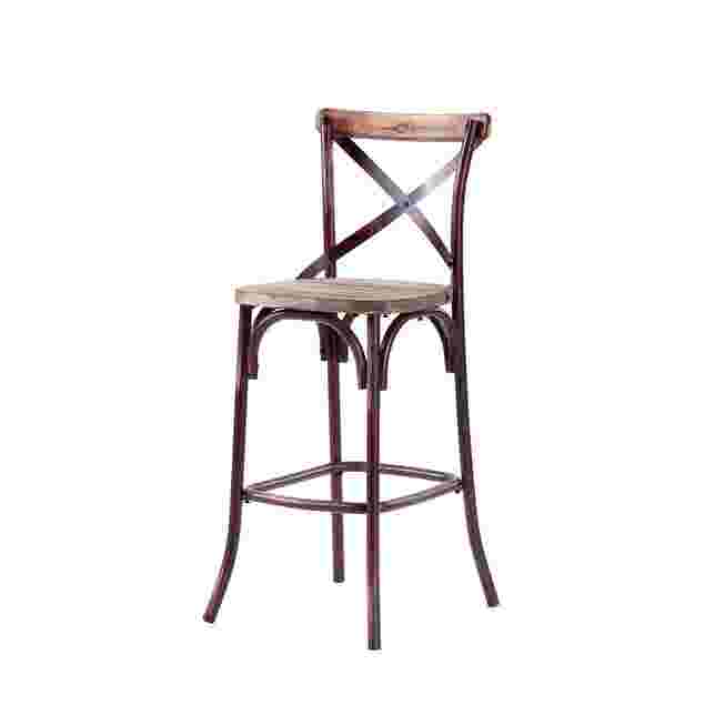 Bar chair with dark red frame, X-back and wooden seat