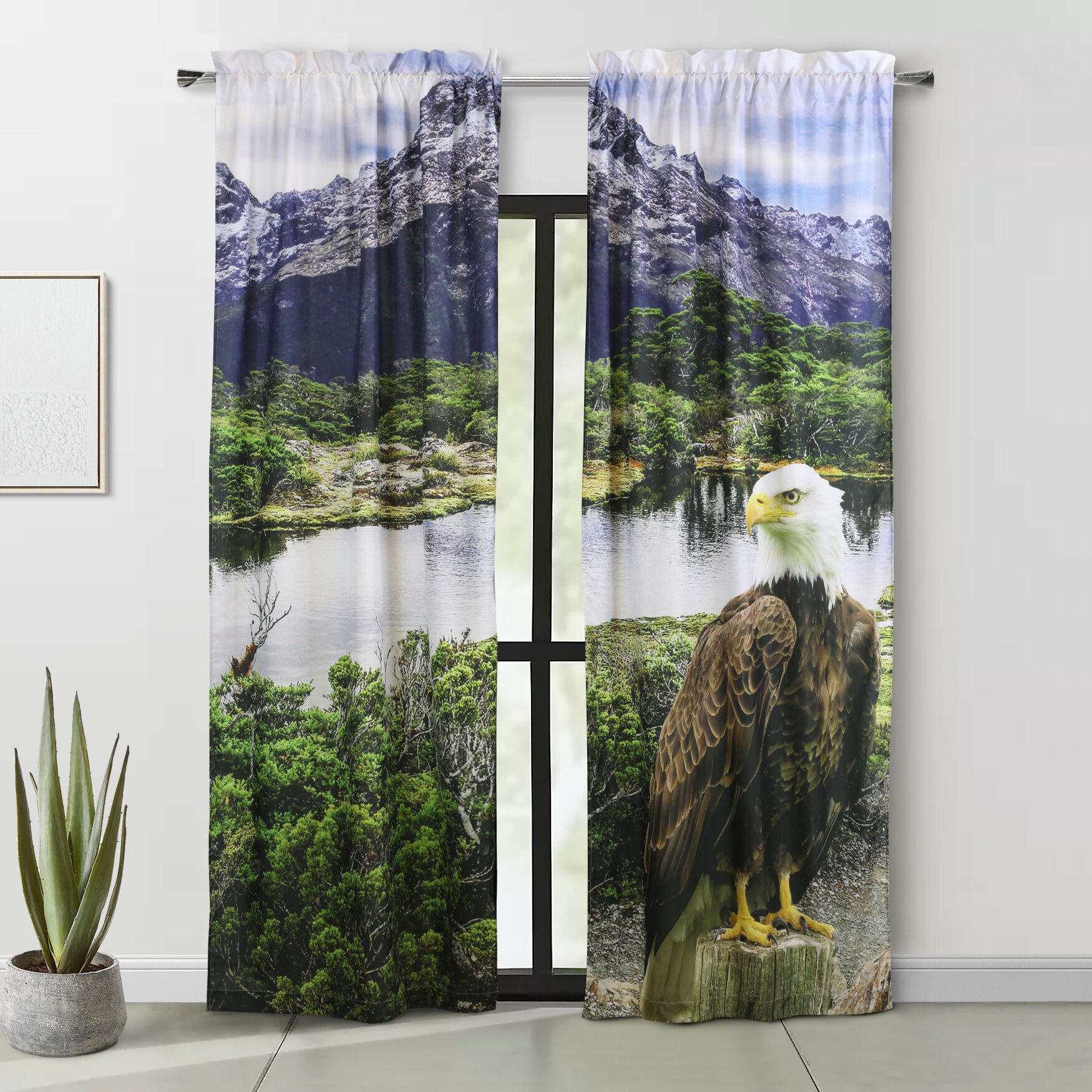 Photo Real Bald Eagle Light Filtering Pole Top Curtain Panel Pair, MULTI, hi-res image number 0