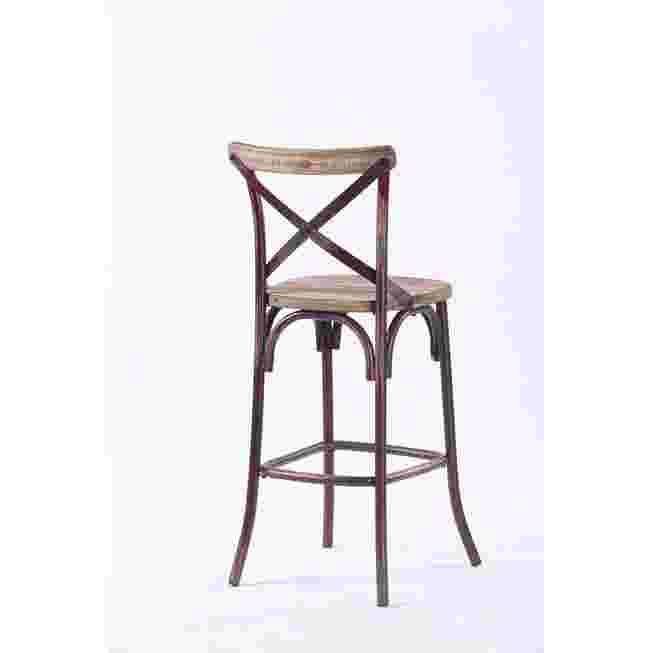 Bar chair front view with dark red frame, X-back and wooden seat