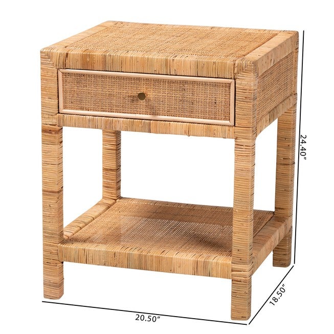 Adelia Modern Bohemian Natural Rattan And Mahogany Wood 1-Drawer Nightstand, , alternate image number null
