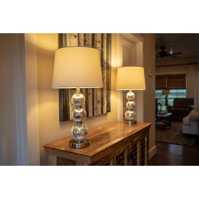 1 Set Mirrored Crackle Mercury Tri-Tiered Glass Table Lamp White Linen Hardback Shade , , alternate image number null