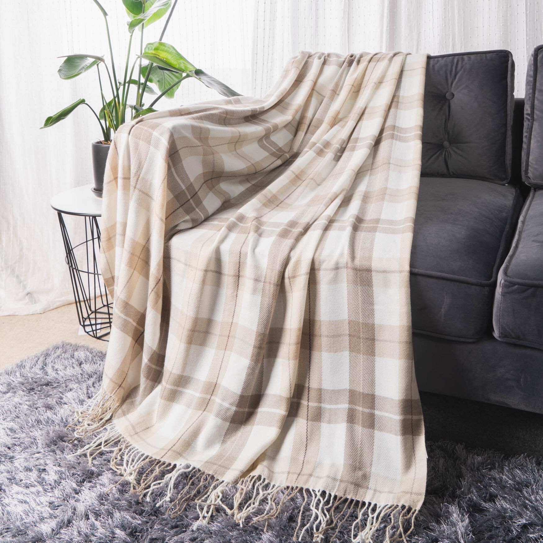 Battilo Home Grey and White Plaid Fringed Cashmere Shawl /Throw/ Blanket, 49 inches x 63 inches, GREY WHITE, hi-res image number 0