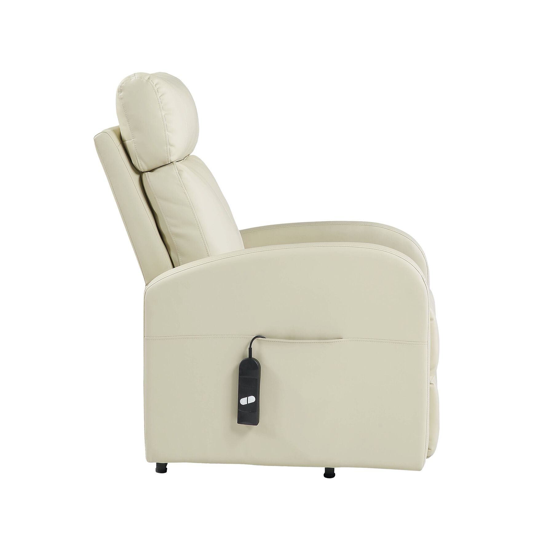 Side view of cream-colored recliner showing lift feature