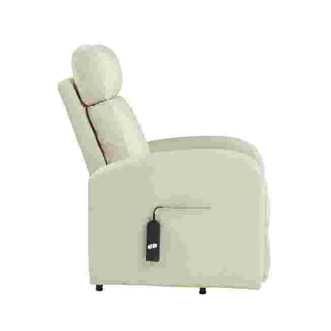 Side view of cream-colored recliner showing lift feature