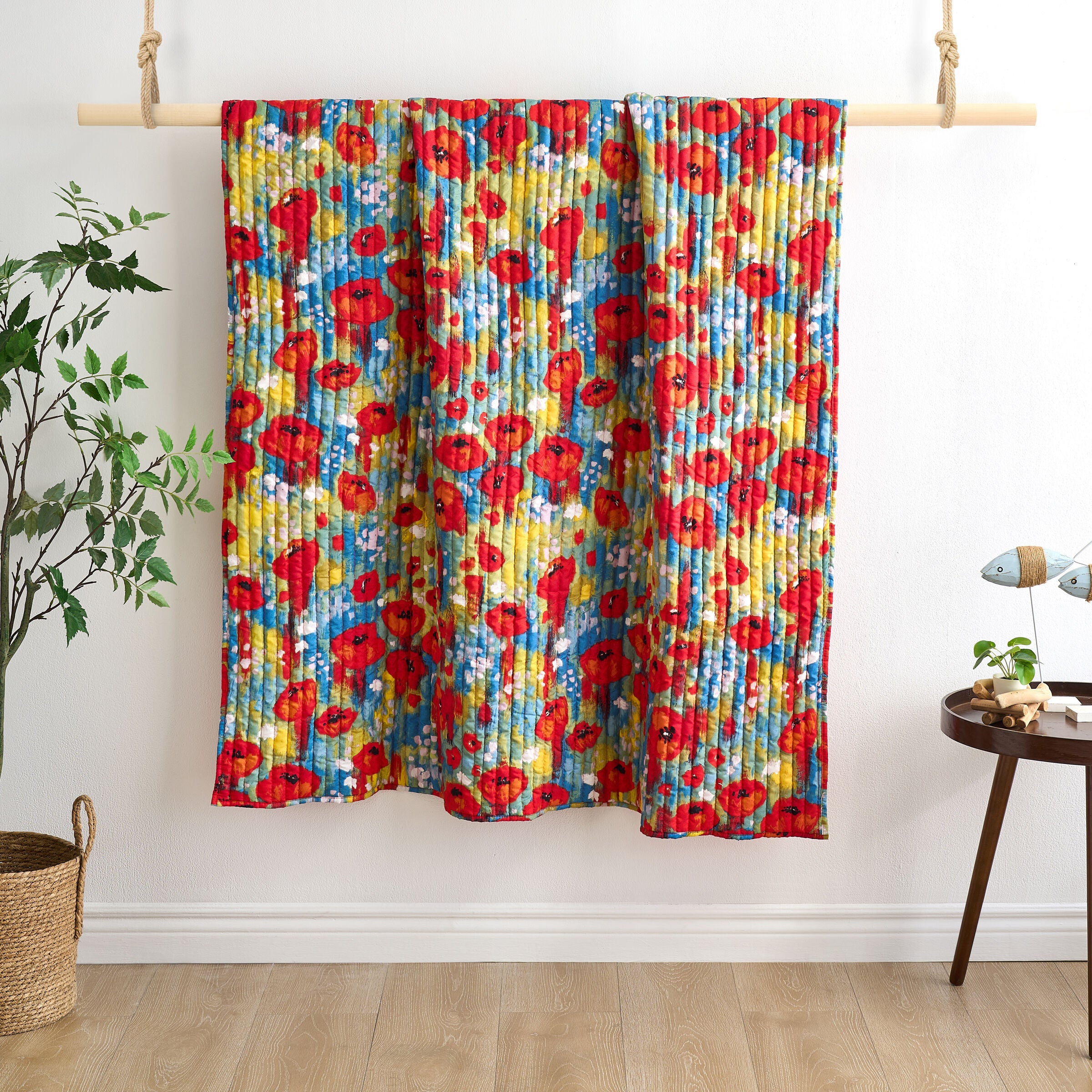 Poppies Modern Floral Quilted Throw Blanket, RED, alternate image number 2