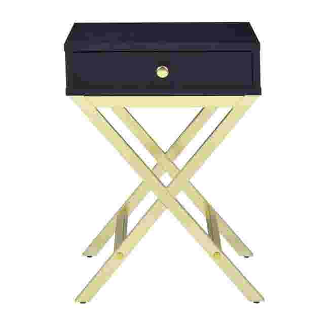 Front view of navy drawer unit with gold legs