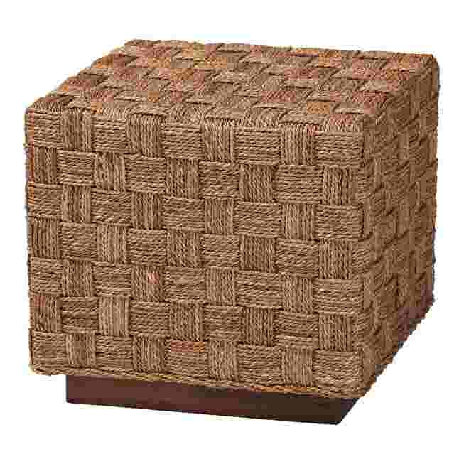 Close-up of seagrass woven texture on end table