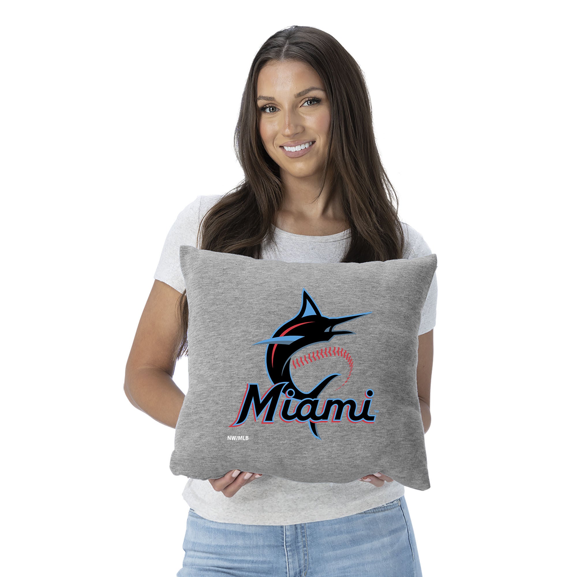 Miami Marlins MLB Primary Sweatshirt PIllow 16 Inches, GRAY, on-hover image number 1