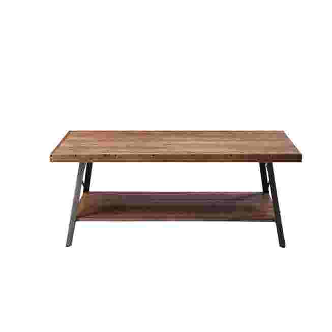 Brown wood coffee table with black metal legs