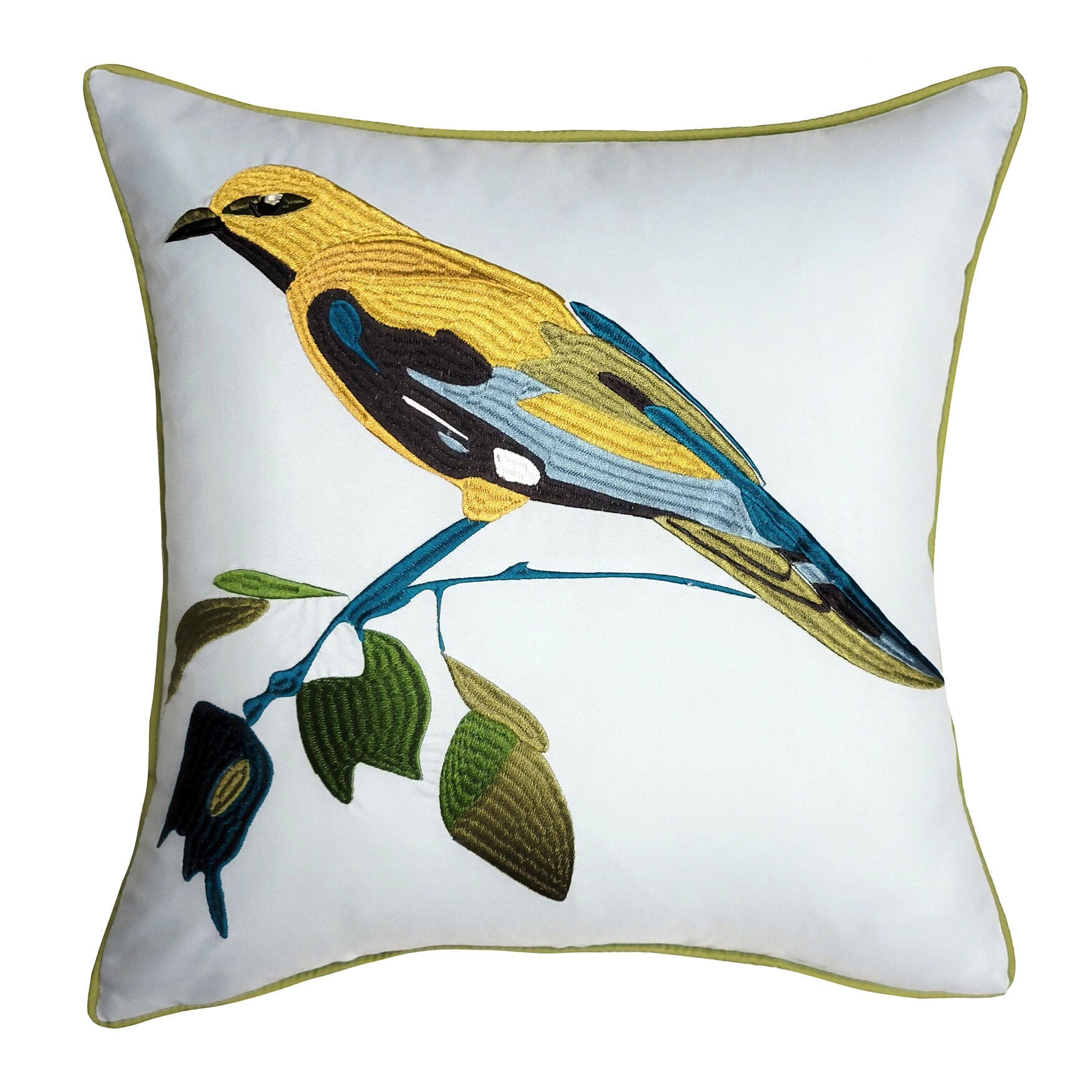 Indoor/Outdoor Bold Embroidered Bird Decorative Throw Pillow 18X18, Leaf Multi, LEAF MULTI, hi-res image number 0