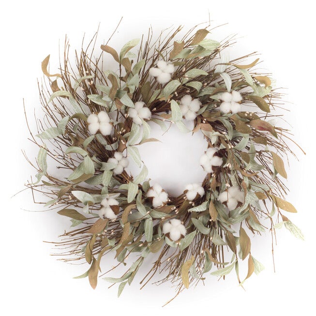 Cotton And Leaf Twig Wreath 28 inchesD, WHITE, hi-res image number null