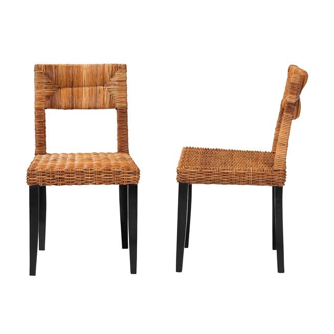 Manrico Modern Bohemian Dark Brown Finished Wood And Natural Rattan 2-Piece Dining Chair Set, , alternate image number null