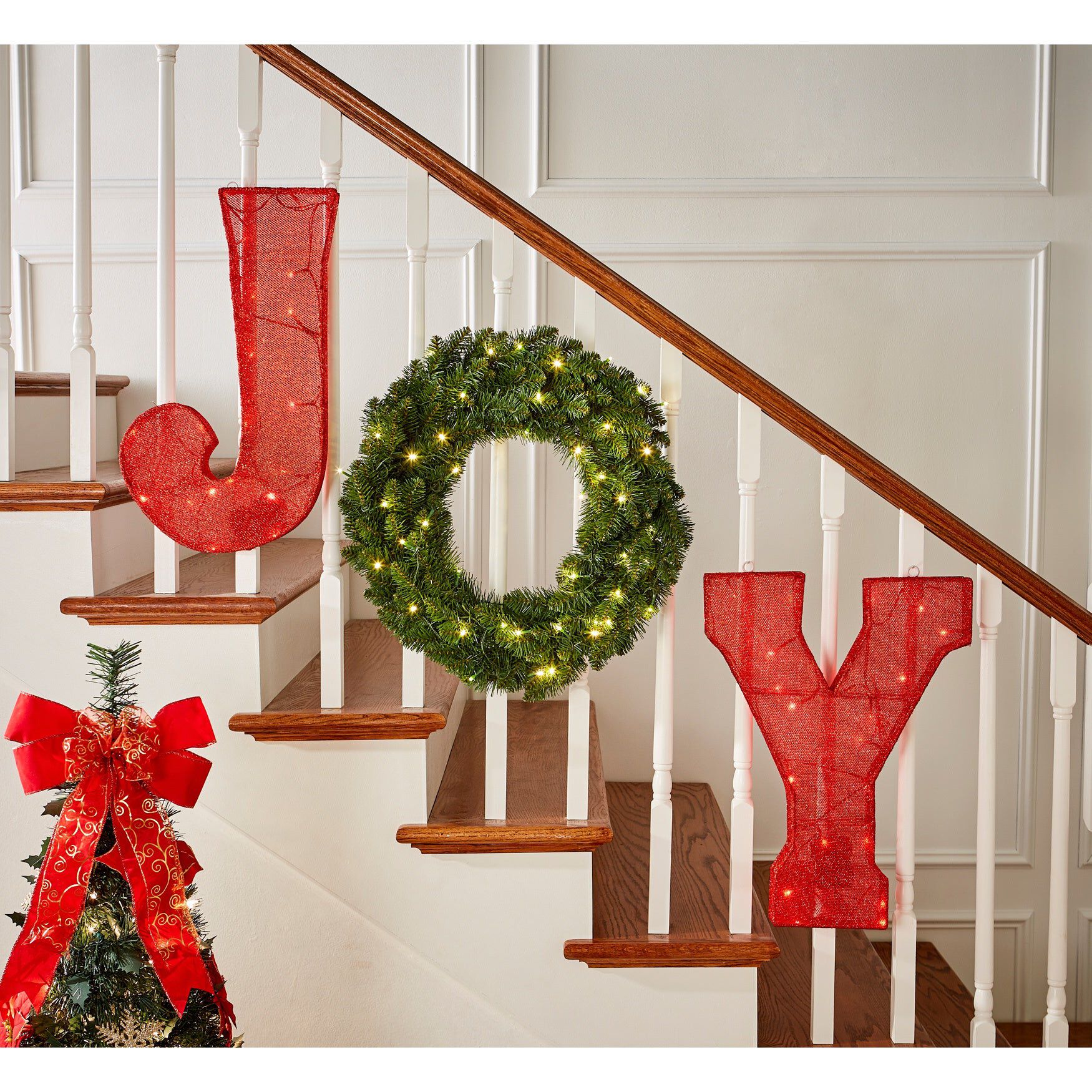 PRE-LIT "JOY" STAIRCASE WREATH, SET OF 3, RED GREEN, hi-res image number 0