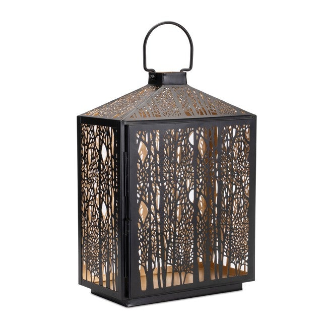 Forest Cut Metal Lantern with Gold Accent 16 inchesH, BLACK/GOLD, hi-res image number 0
