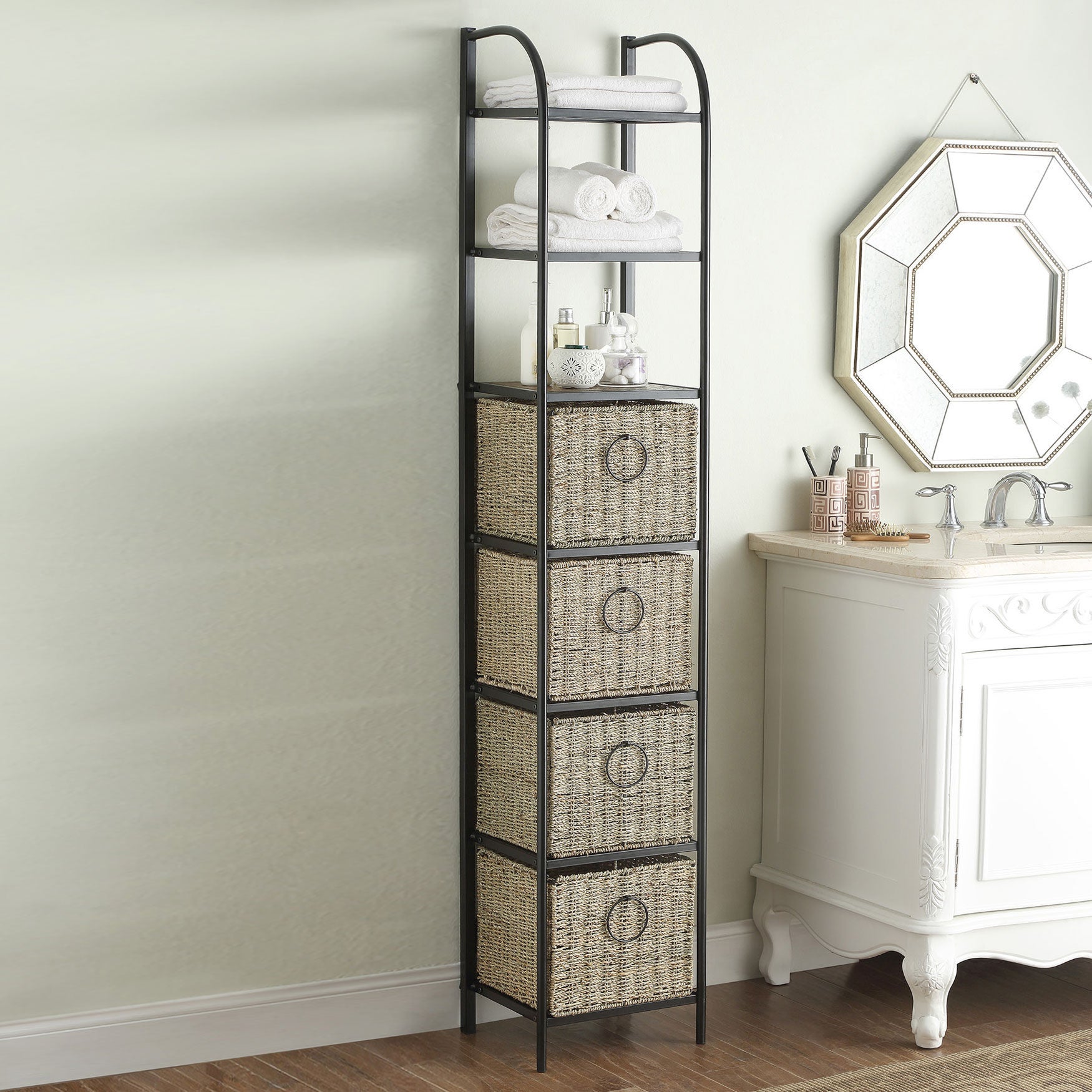 Tall Storage Unit with Baskets, BLACK BROWN, hi-res image number 0