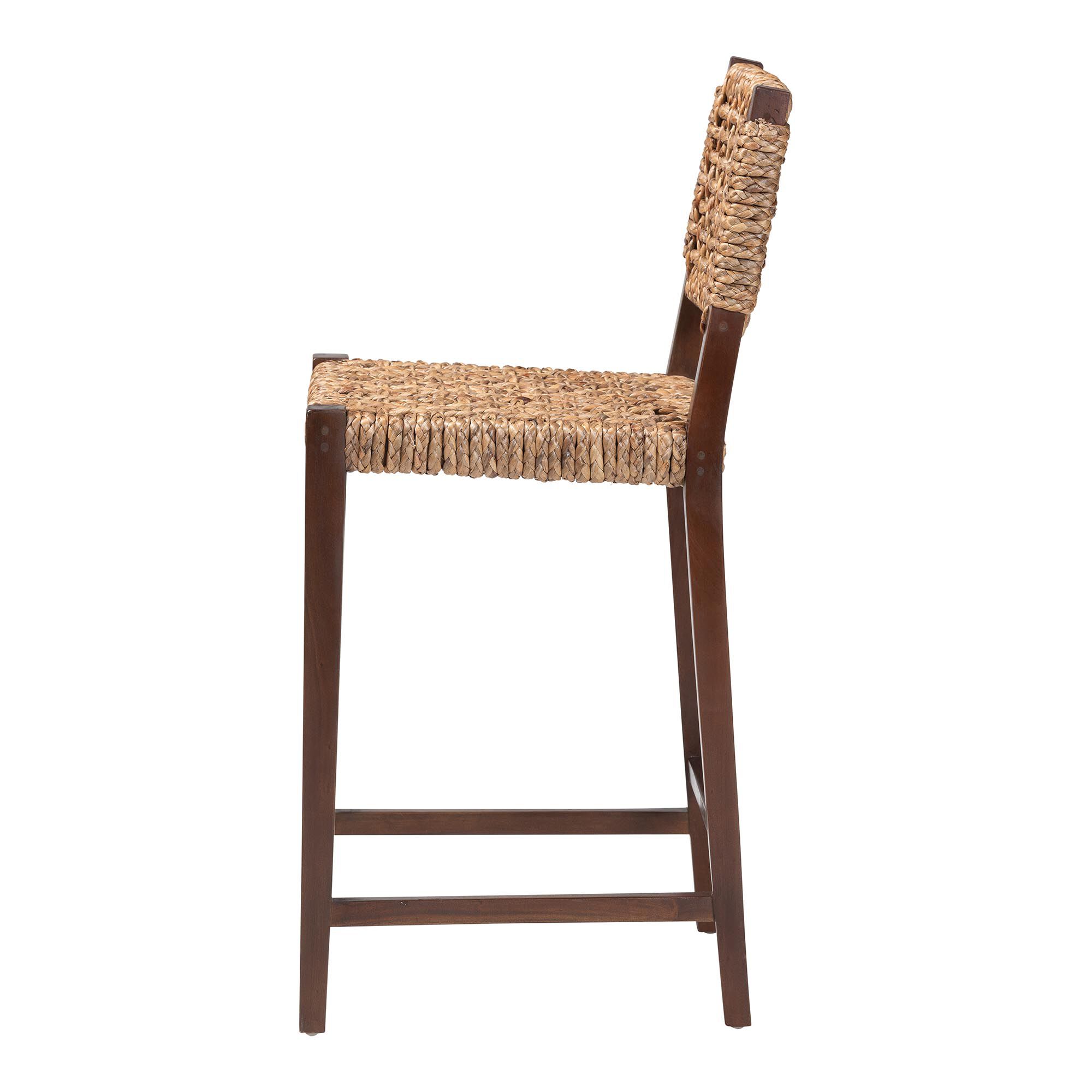 Handwoven seagrass bar stool side view with woven back