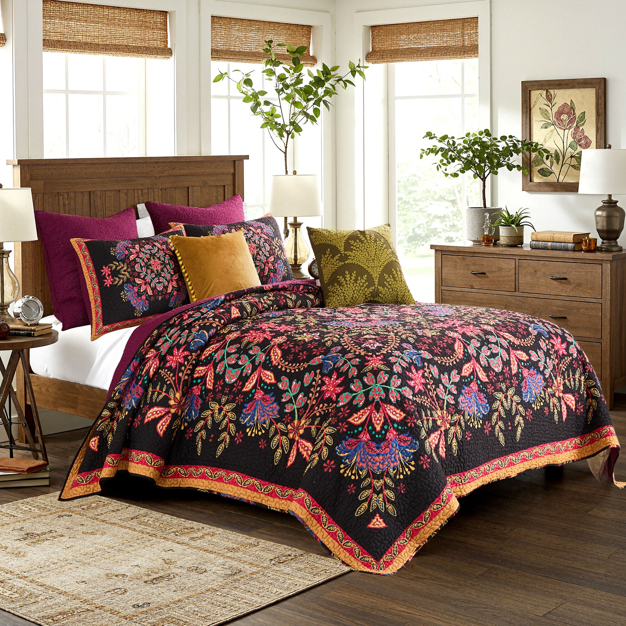 Jessa Ornate Botannical Finely Stitched Quilt Set, MIDNIGHT, alternate image number 4